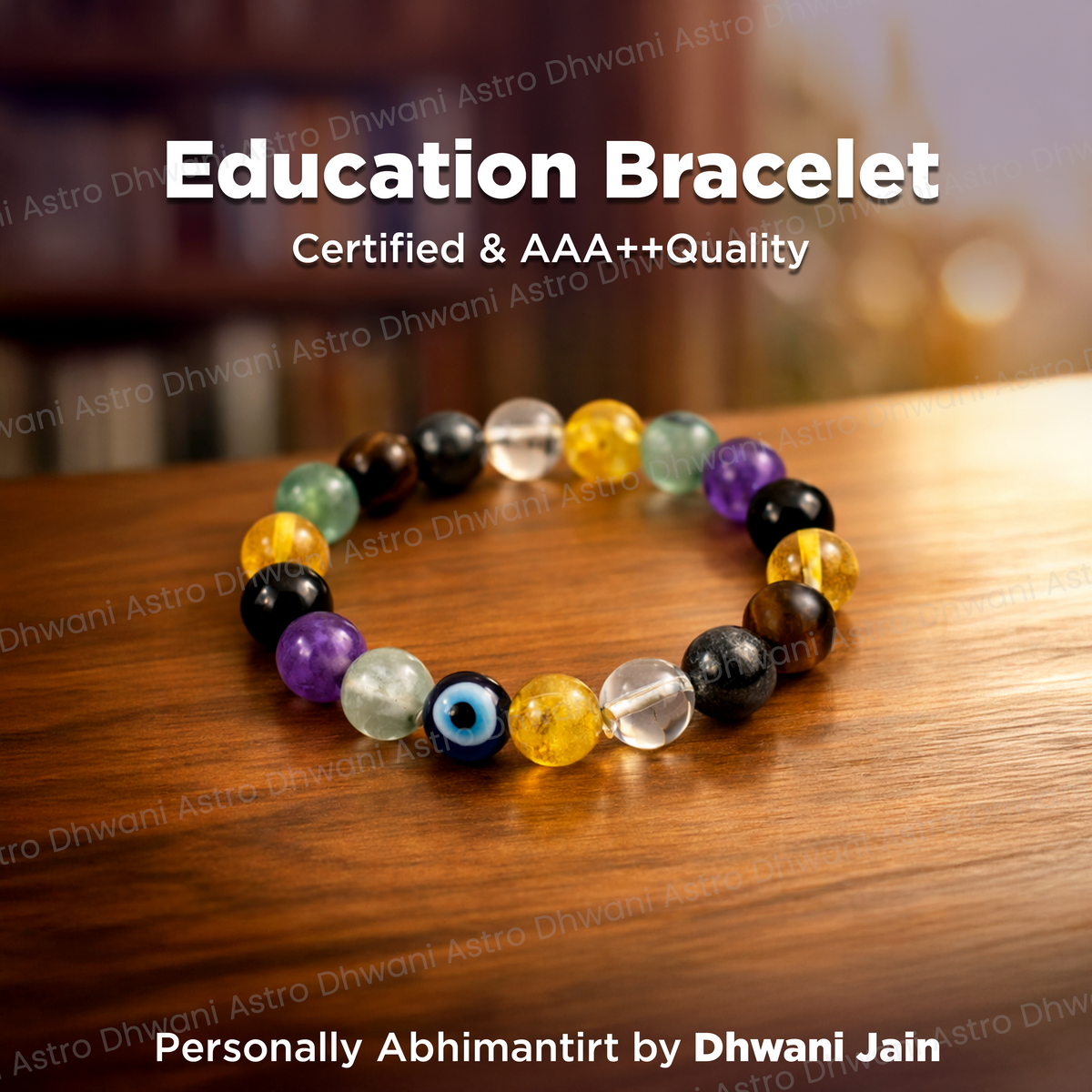 Colorful beaded bracelet on a wooden surface with text about certification and quality.