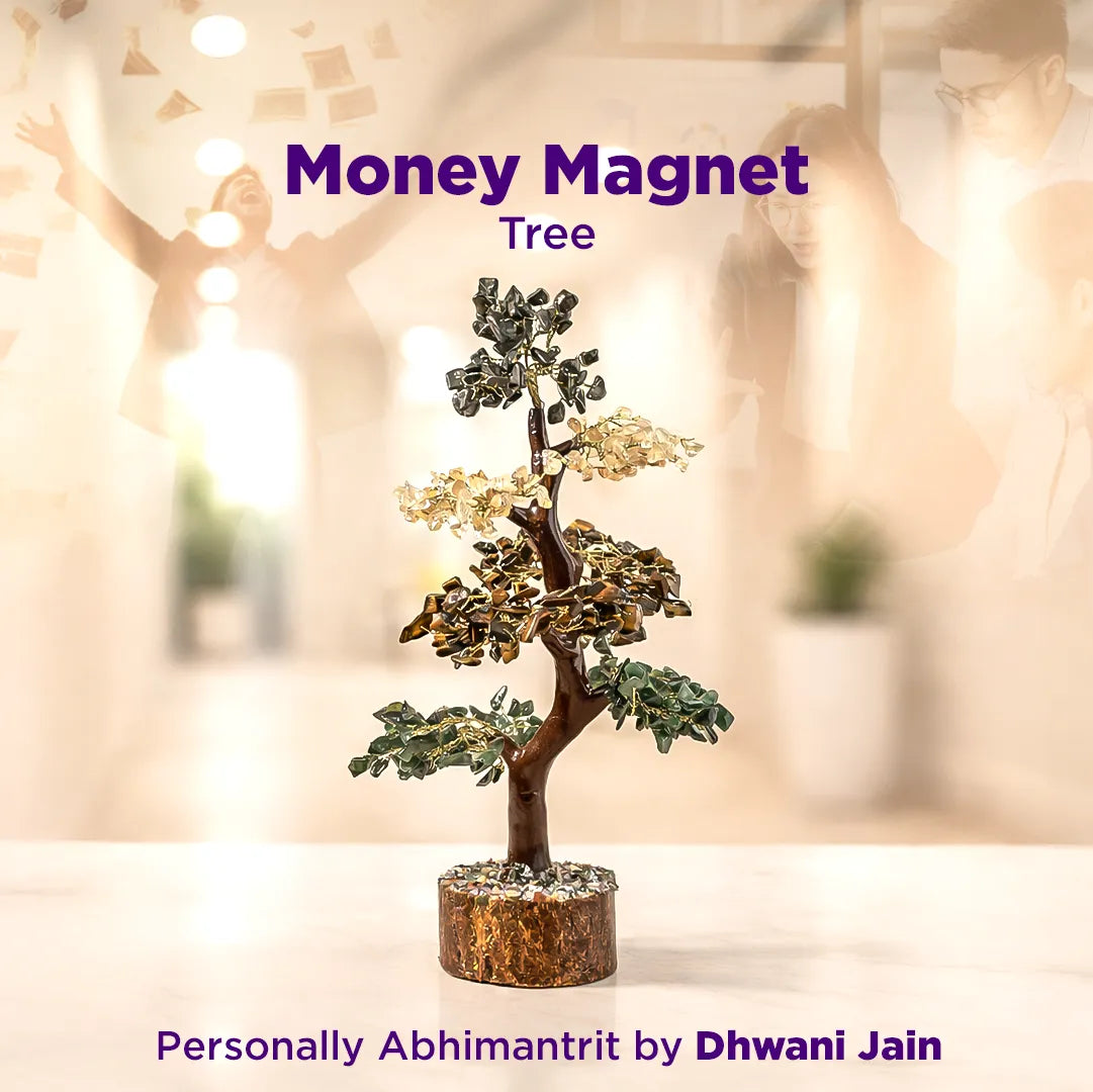 Decorative money tree with 'Money Magnet Tree' text and 'Personally Abhimantrit by Dhwani Jain' on a blurred background.