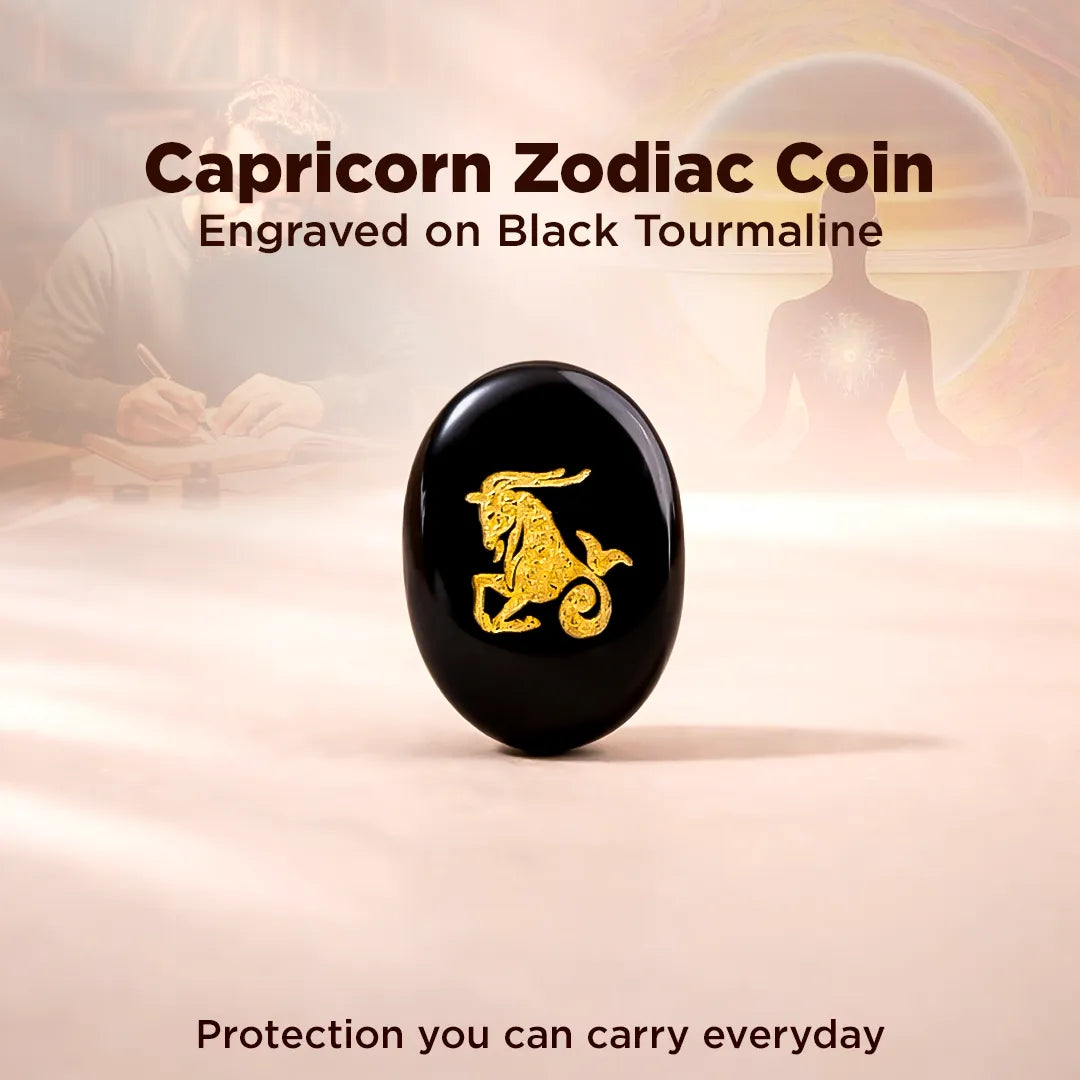 Capricorn zodiac coin engraved on black tourmaline with a person studying in the background