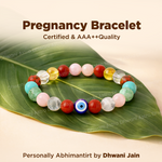 Colorful beaded bracelet on a green leaf with text about certification and quality.