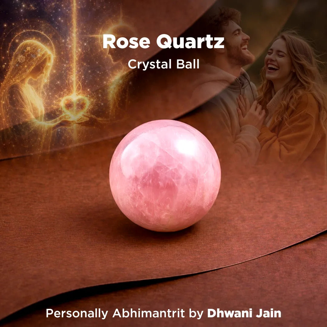 Rose Quartz crystal ball with a couple in the background, featuring the brand 'Dhwani Jain'.
