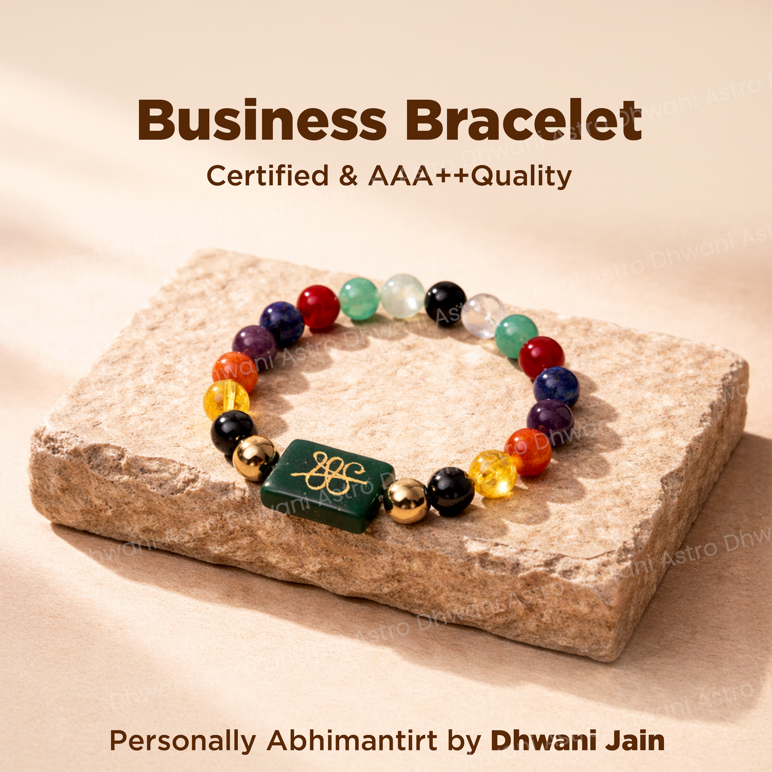 Colorful beaded bracelet on a stone surface with text about certification and quality.