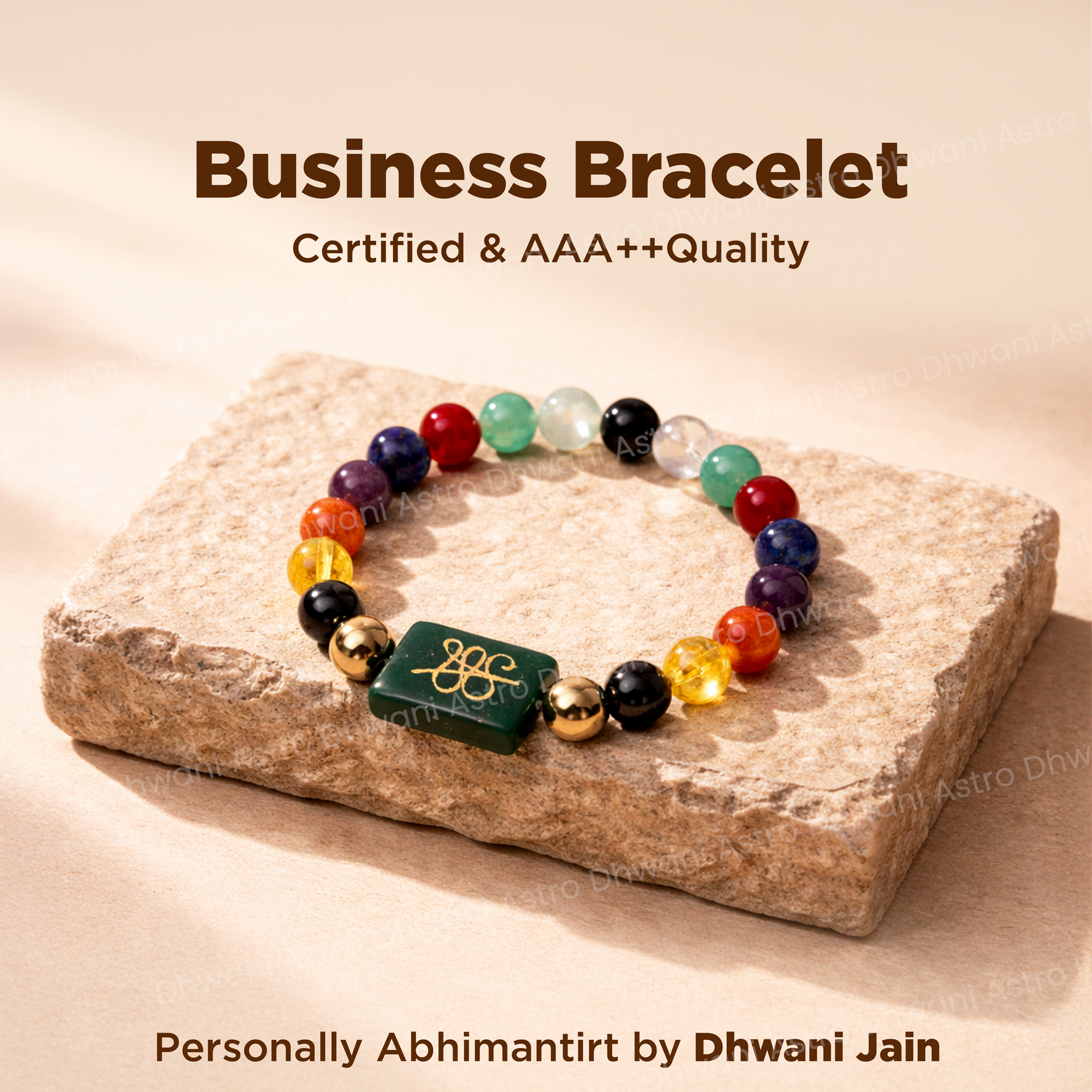 Colorful beaded bracelet on a stone surface with text about certification and quality.