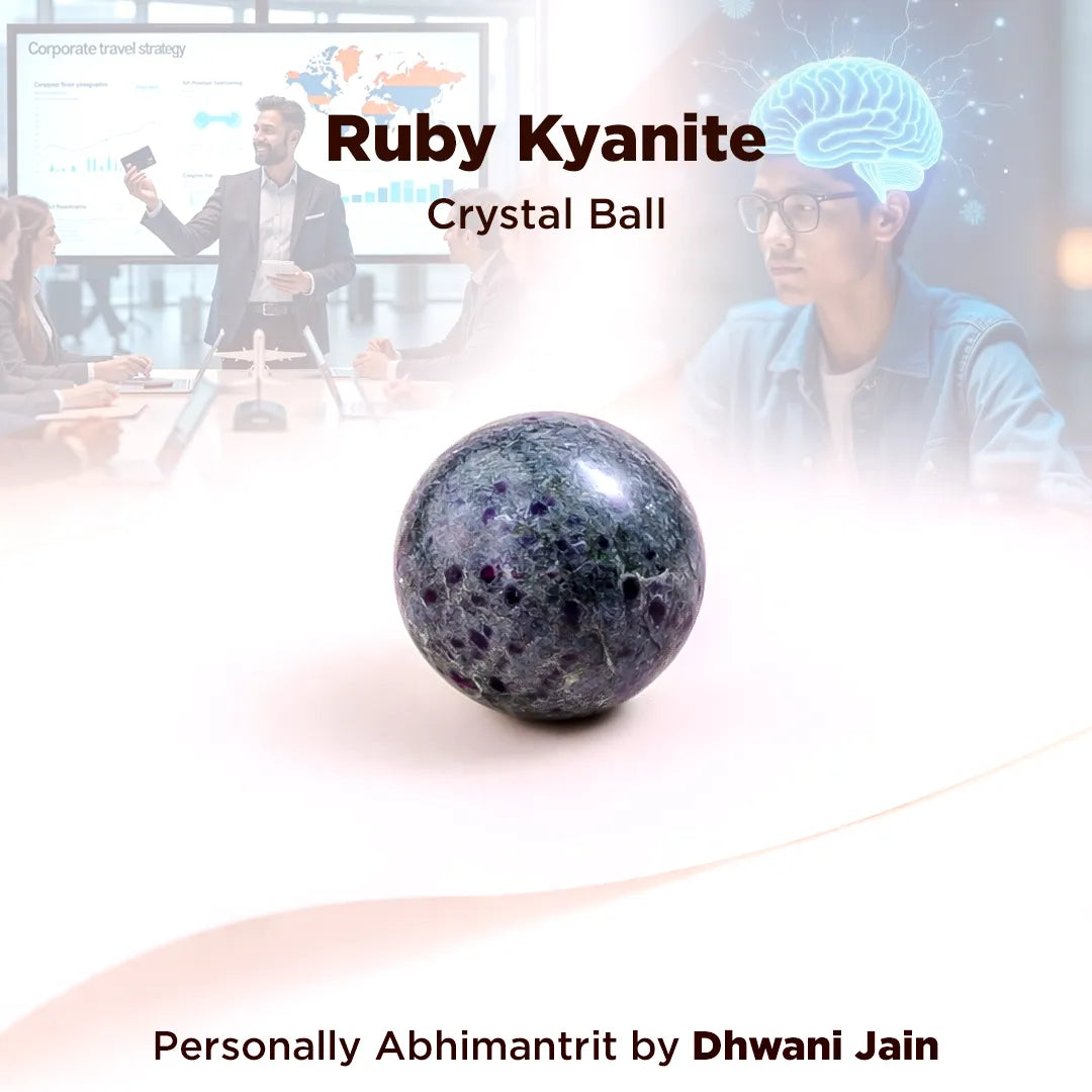 Crystal ball with 'Ruby Kyanite' text over a blurred office setting