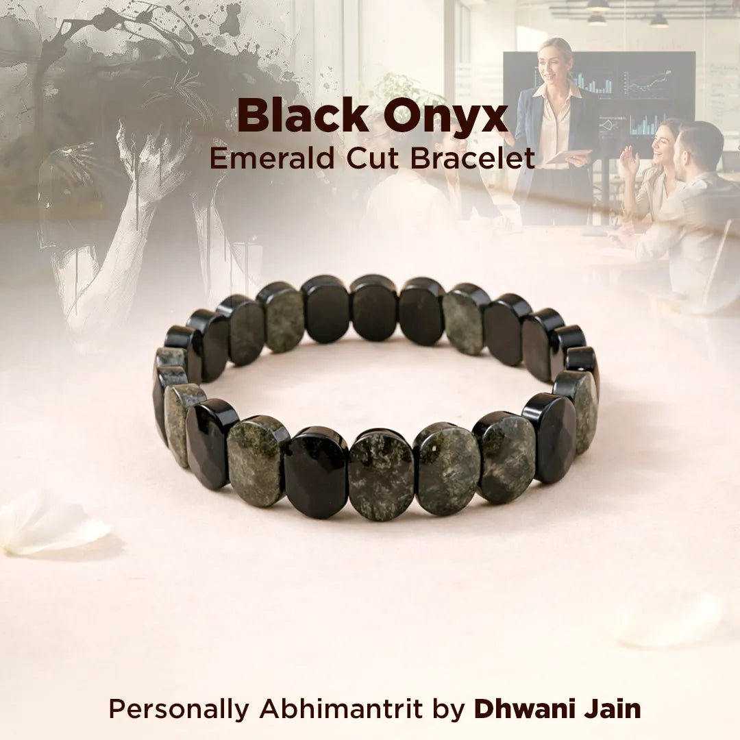 Black Onyx bracelet with blurred office background