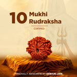 10 Mukhi Rudraksha on a tiger skin with religious symbols in the background