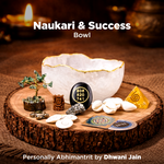 Decorative bowl on a wooden stand with various items and text about 'Naukari & Success' and 'Dhwani Jain'.