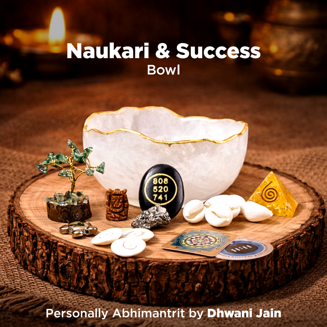 Decorative bowl on a wooden stand with various items and text about 'Naukari & Success' and 'Dhwani Jain'.