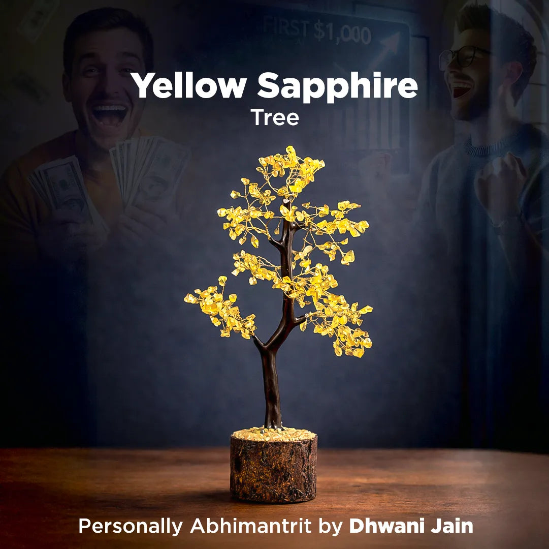 Decorative yellow sapphire tree on a wooden base with a blurred background of people and money.