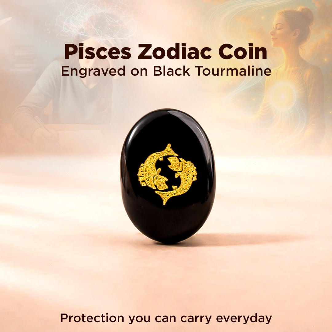 Black tourmaline coin with Pisces zodiac symbol on a soft focus background