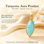 Turquoise Aura Pendant with gold frame on a beige background