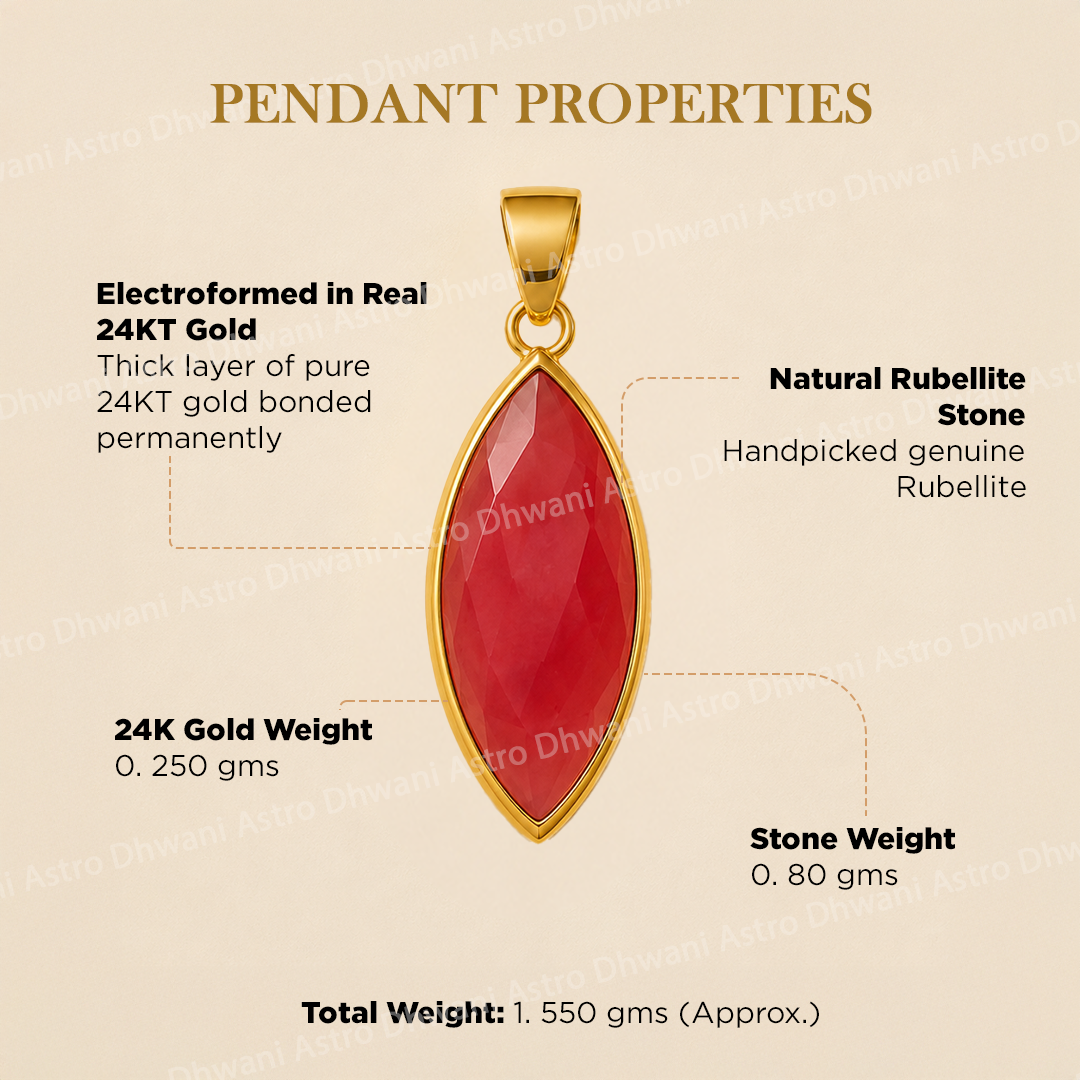 Gold pendant with red stone on a beige background with text detailing properties.