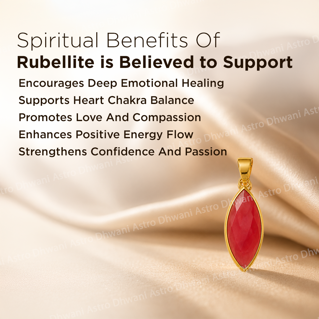 Red pendant with gold frame on a satin background, featuring text about rubellite's spiritual benefits.Natural Rubellite Aura Pendant in Real 24KT Gold