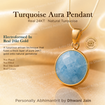 Turquoise pendant with gold frame on a beige background