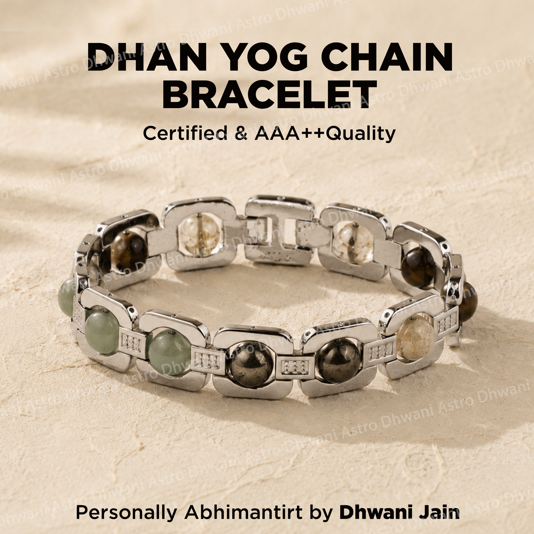 Dhan Yog Chain bracelet with stones on a beige background, featuring text about certification and quality.Dhan Yog Chain Bracelet for Prosperity, Focus & Positive Energy
