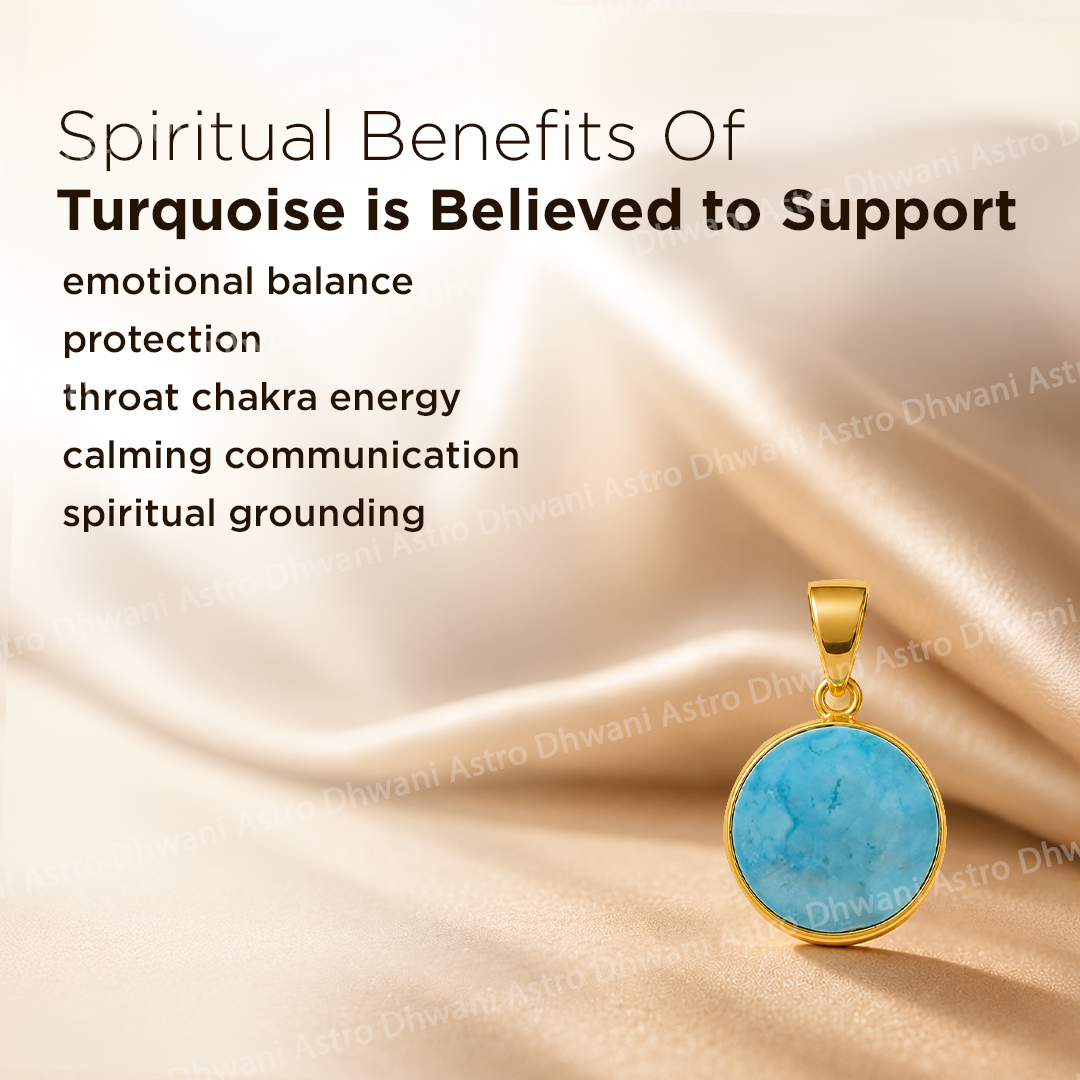 Turquoise pendant with gold frame on beige fabric, text about spiritual benefits of turquoise.Round Turquoise Aura Pendant in Real 24KT Gold with Luxury Crystal