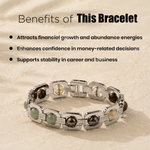 Silver bracelet with gemstones on a beige background, featuring text about its benefits.