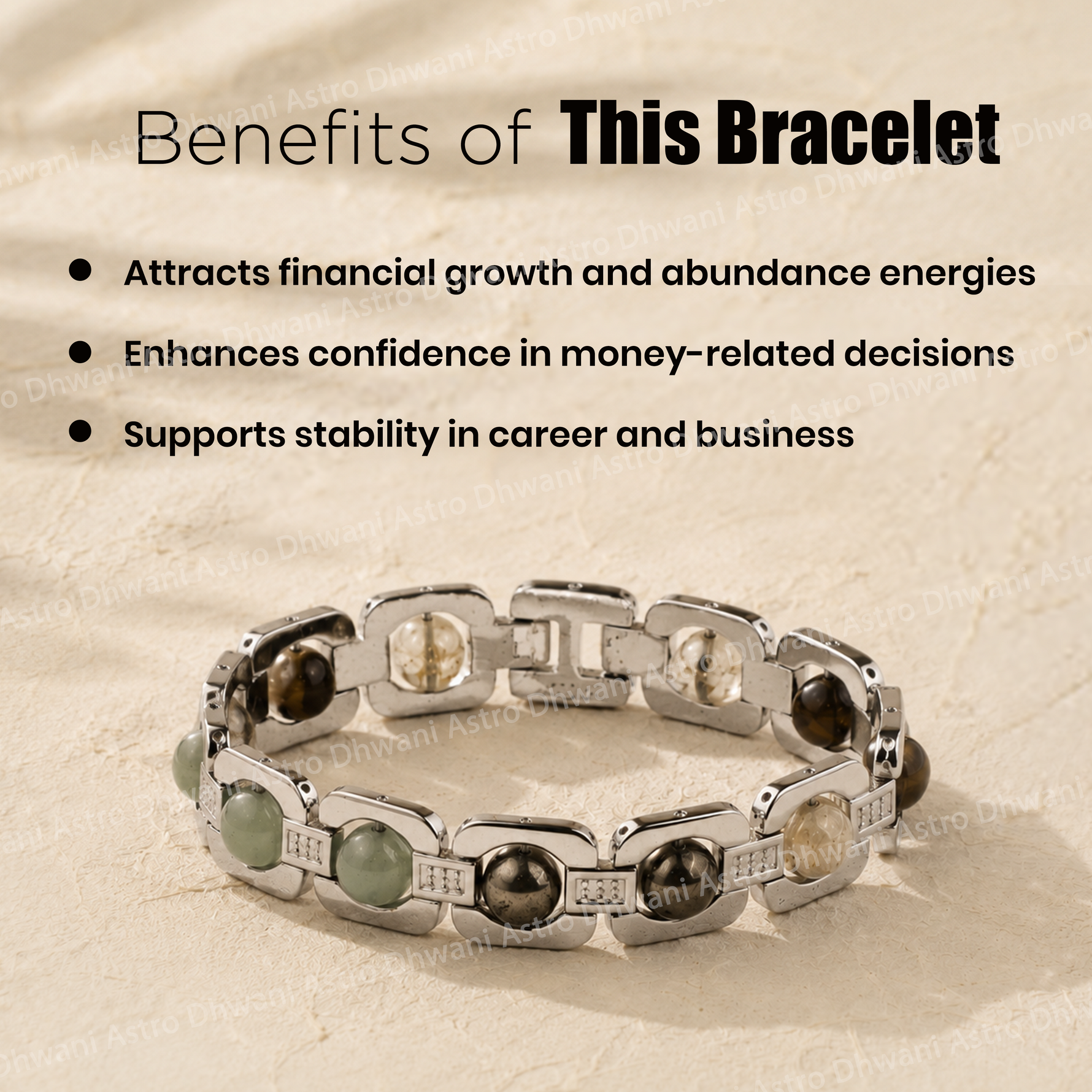 Silver bracelet with gemstones on a beige background, featuring text about its benefits.Dhan Yog Chain Bracelet for Prosperity, Focus & Positive Energy