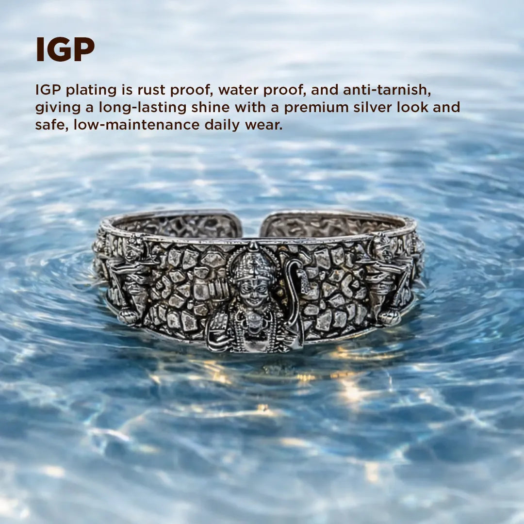Silver bracelet with IGP plating in water, text about IGP properties.Shree Ram Kada – Silver Oxidized Spiritual Kada for Protection