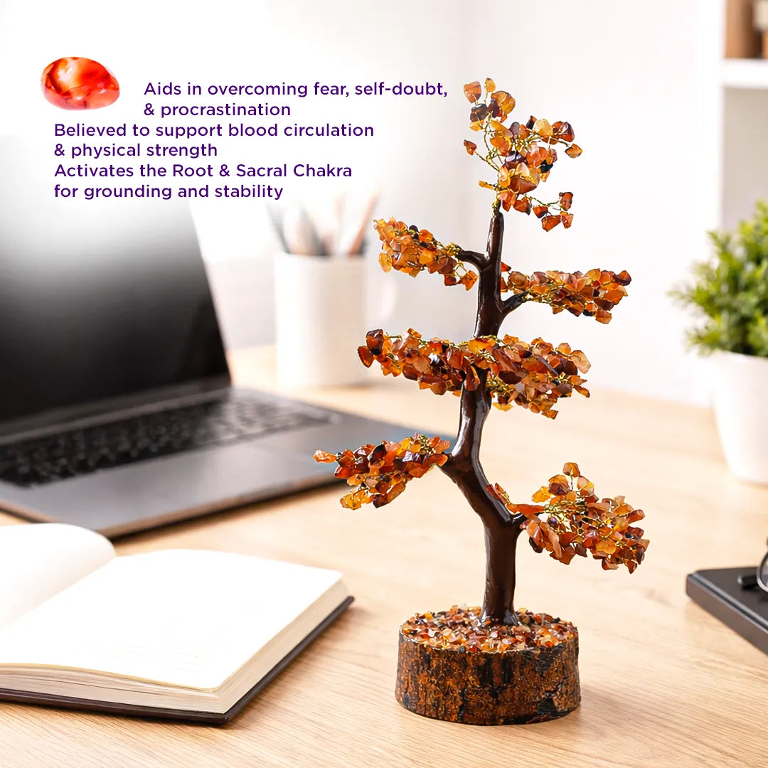 Decorative crystal tree on a desk with laptop and notebookRed Carnelian Crystal Tree – Motivation, Confidence & Career Growth