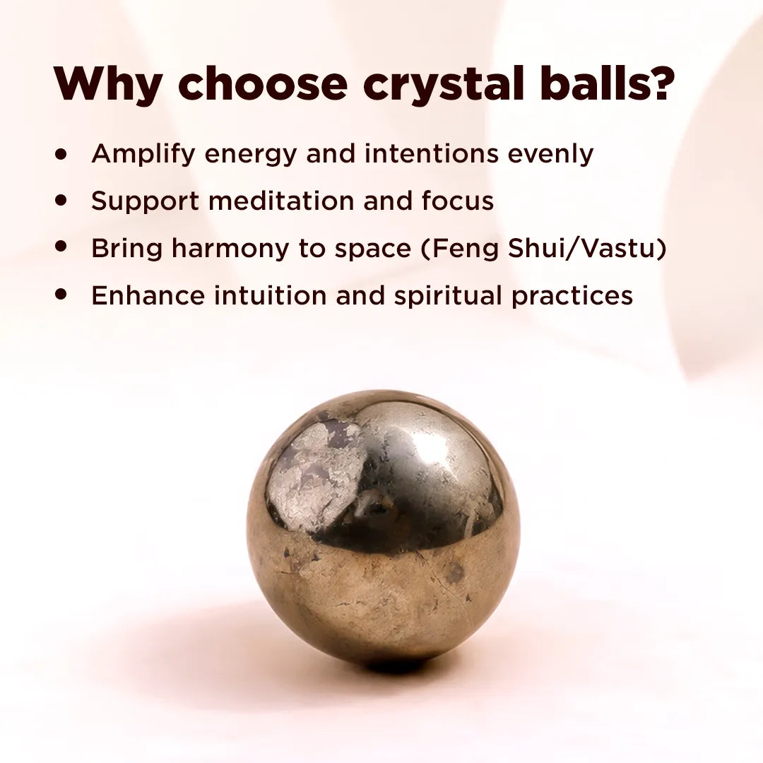 Crystal ball with text explaining benefits on a light pink backgroundNatural Golden Pyrite Crystal Ball – Abhimantrit & Certified