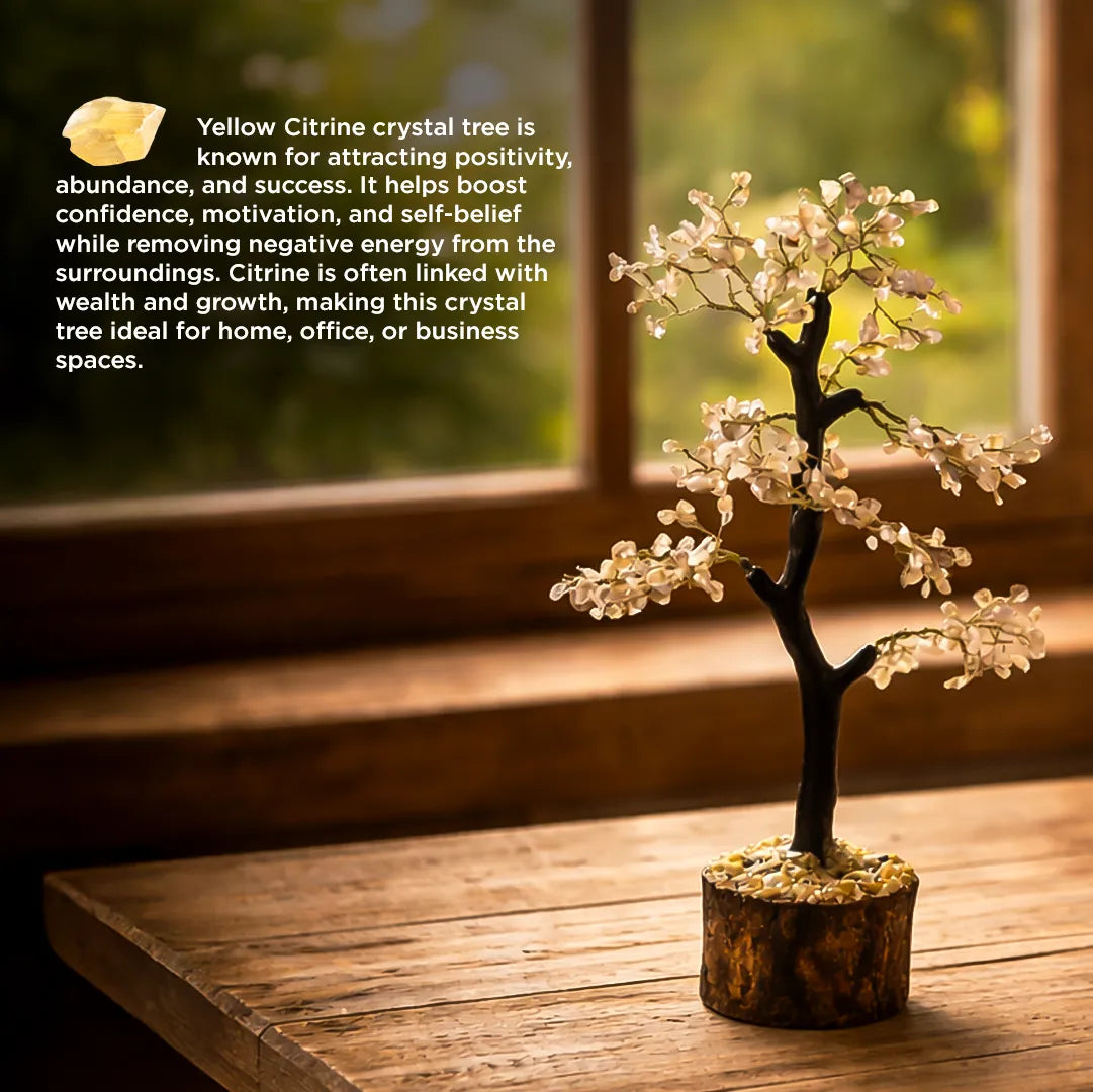 Yellow Citrine crystal tree on a wooden surface with text about its properties.Yellow Citrine Tree – Abhimantrit Crystal Tree for Abundance, Prosperity & Growth