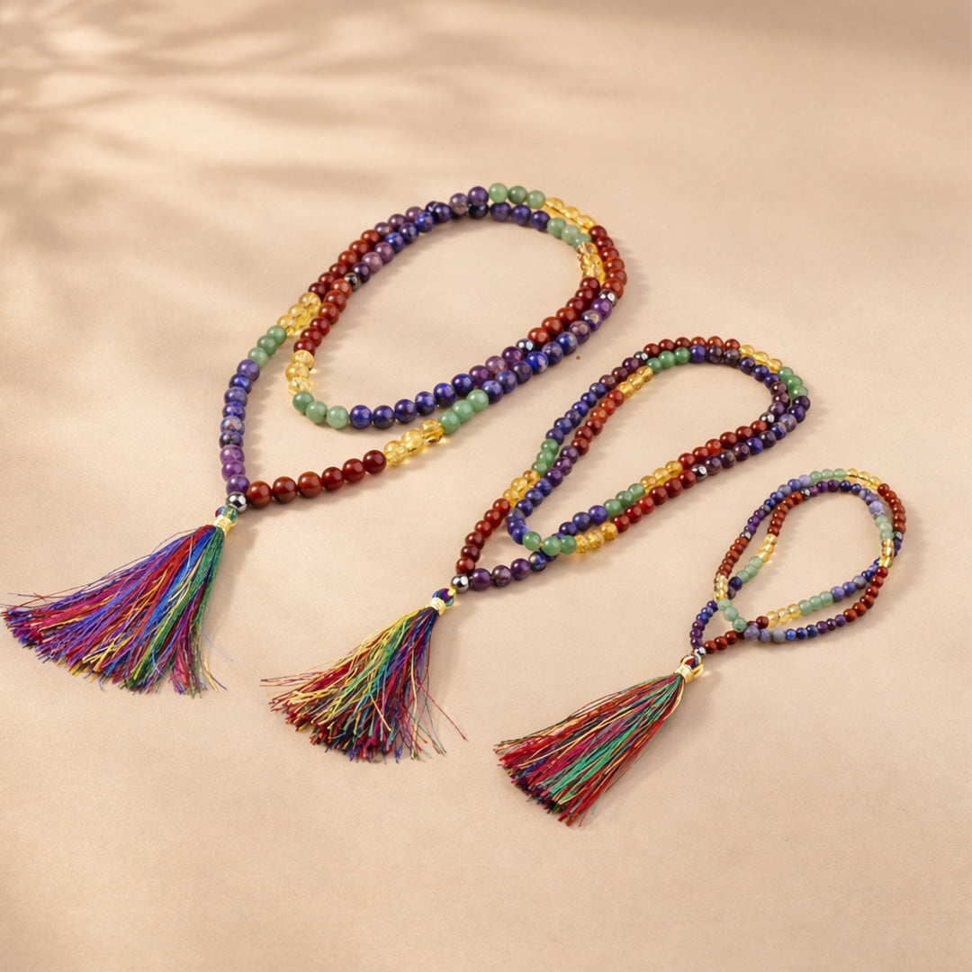 Colorful beaded necklace with tassels on a beige backgroundसात चक्र जप माला-अभिमंत्रित एवं प्रमाणित