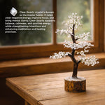 Clear Quartz crystal tree on a wooden table with descriptive text about its properties.