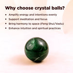 Green crystal ball with text explaining benefits on a beige background