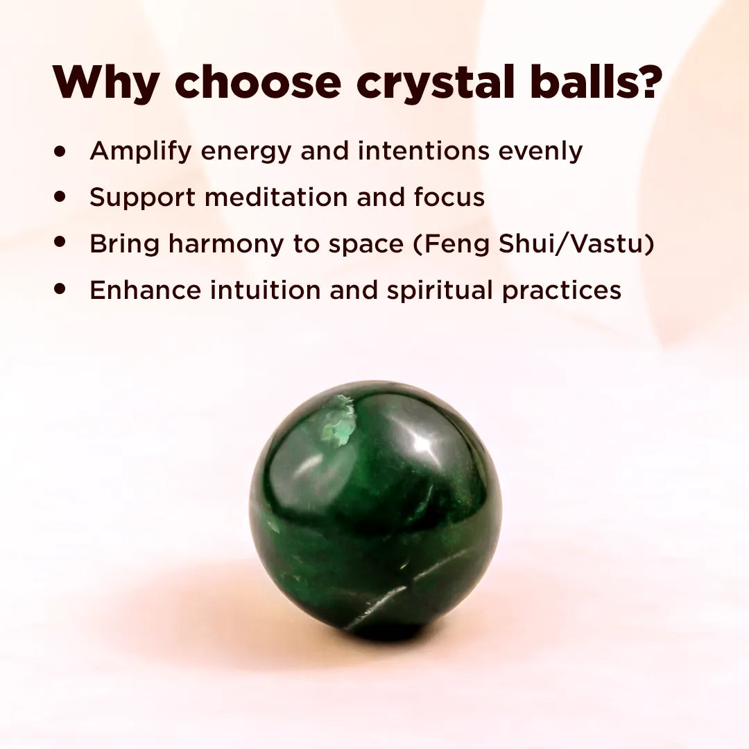 Green crystal ball with text explaining benefits on a beige backgroundNatural Green Jade Crystal Ball – Abhimantrit & Certified
