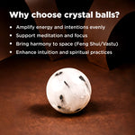 Crystal ball on a brown surface with text explaining benefits