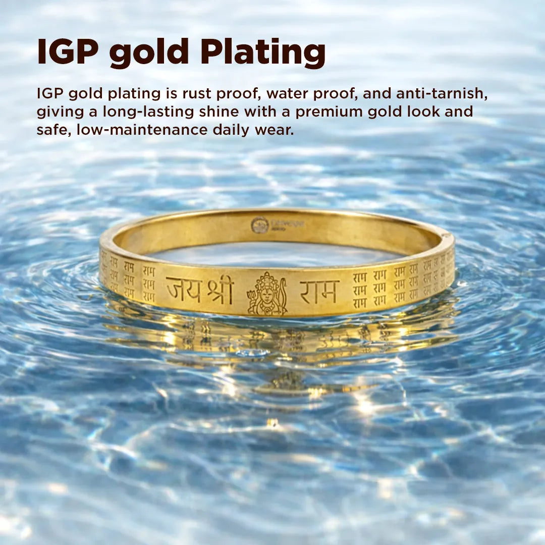 Gold bracelet with engraved text in water, featuring IGP gold plating text.Jai Shree Ram Kada – IGP Gold Plated Devotional Kada for Strength & Protection