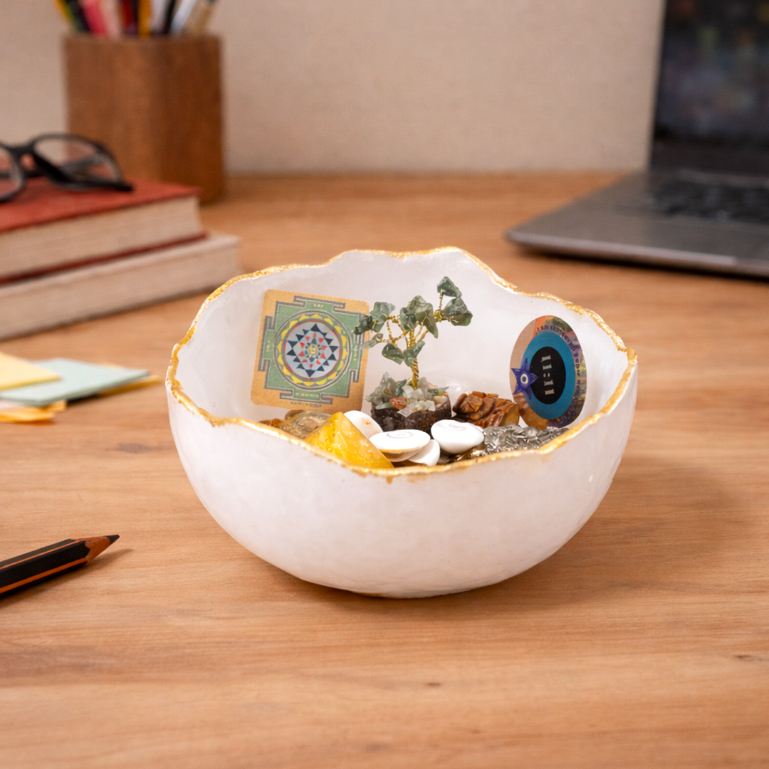 Decorative white bowl with miniature plants and objects on a wooden desk.