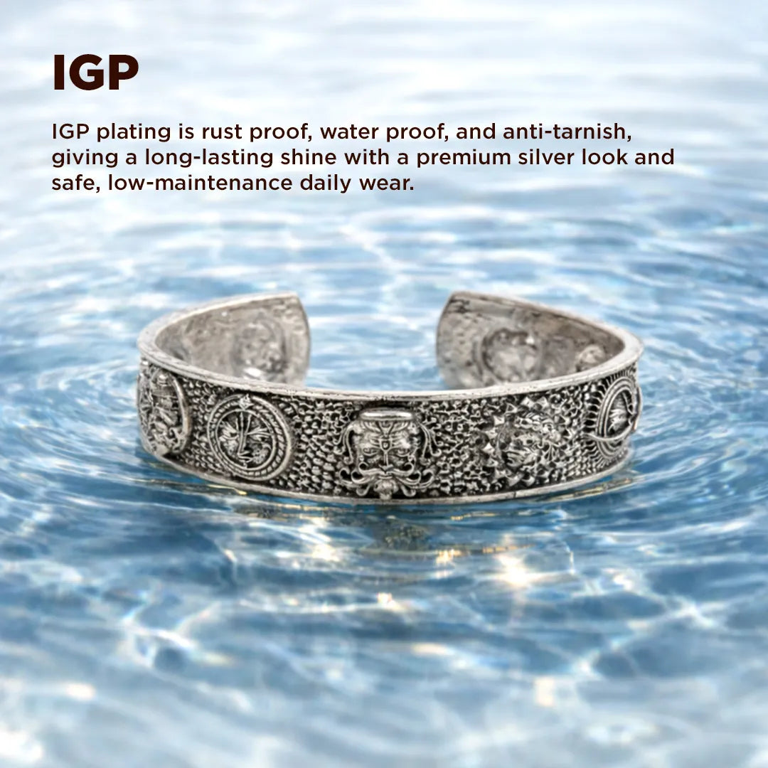 Silver bracelet with intricate design submerged in water, IGP text above.