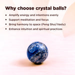 Blue crystal ball with text explaining benefits on a light pink background