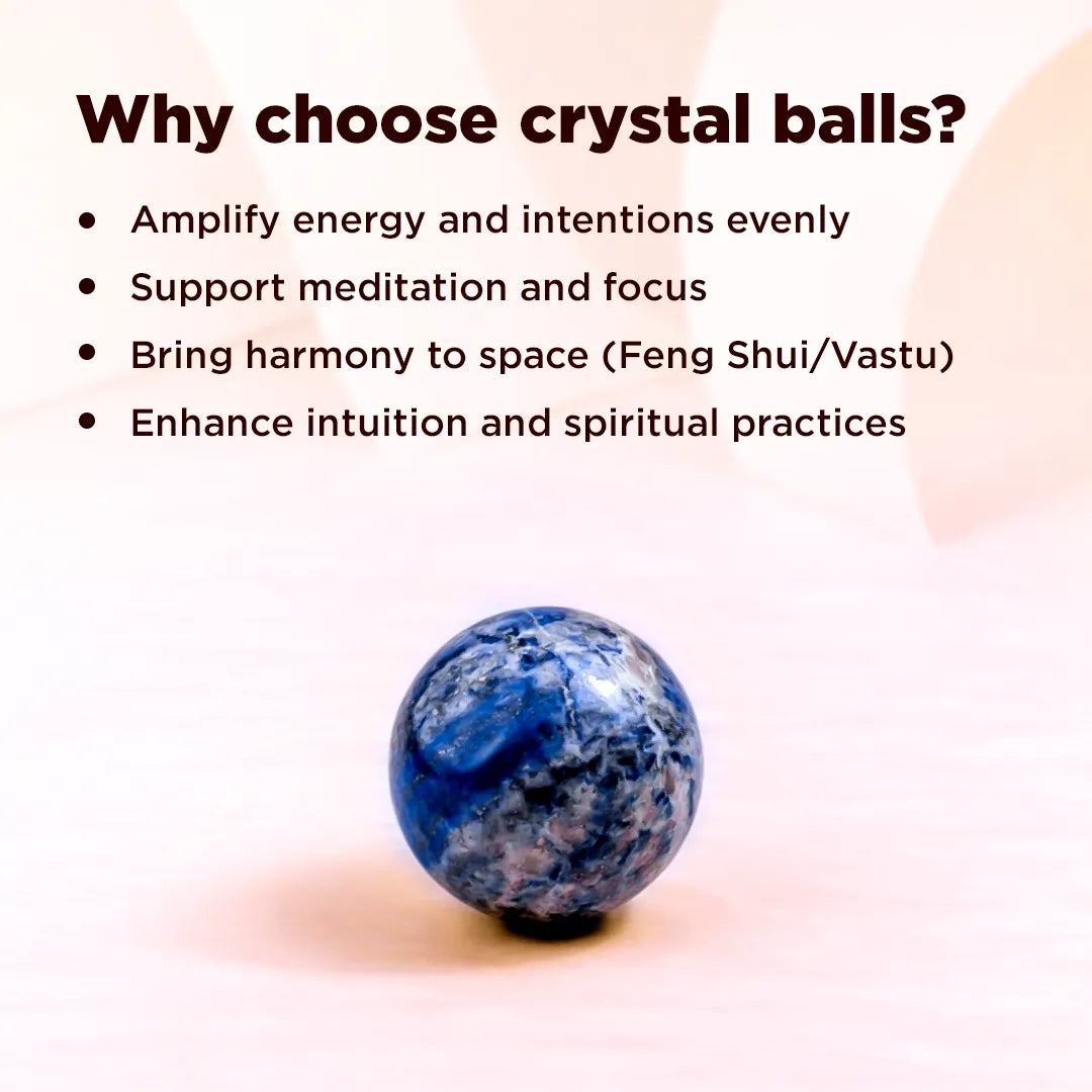 Blue crystal ball with text explaining benefits on a light pink backgroundNatural Lapis Lazuli Crystal Ball – Abhimantrit & Certified