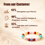 Colorful beaded bracelet with statistics on its benefits on a beige background
