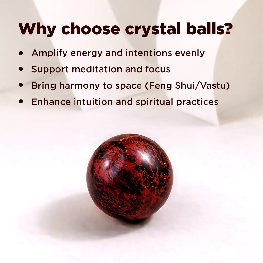 Red crystal ball with text on benefits on a white backgroundNatural Mahogany Obsidian Crystal Ball – Abhimantrit & Certified
