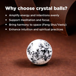 Crystal ball on a brown surface with text explaining benefits