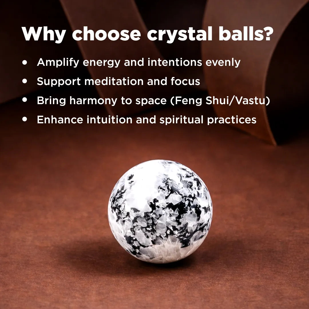 Crystal ball on a brown surface with text explaining benefitsNatural Rainbow Moonstone Crystal Ball – Abhimantrit & Certified