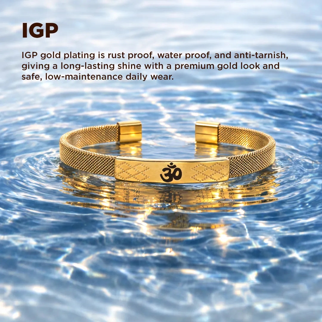 Gold bracelet with Om symbol on water, IGP gold plating text above