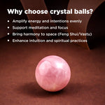 Pink crystal ball on a brown surface with text explaining benefits
