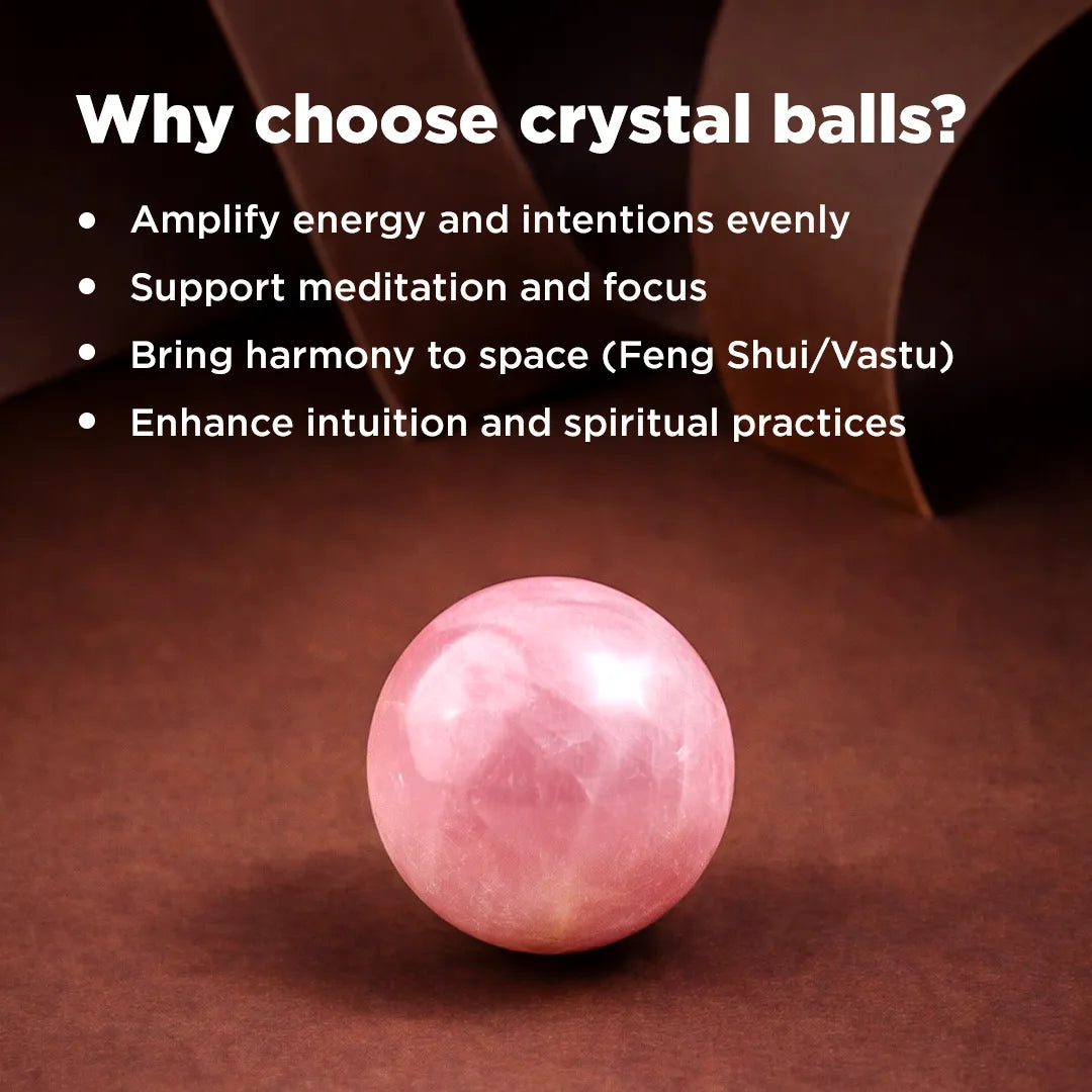 Pink crystal ball on a brown surface with text explaining benefitsNatural Rose Quartz Crystal Ball – Abhimantrit & Certified