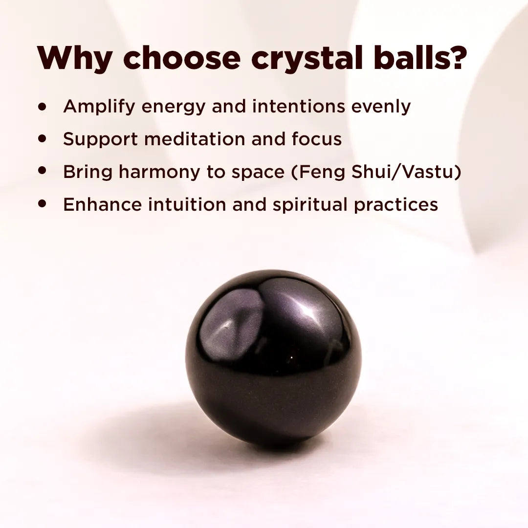 Black crystal ball with text explaining benefits on a light backgroundNatural Black Agate Crystal Ball – Abhimantrit & Certified