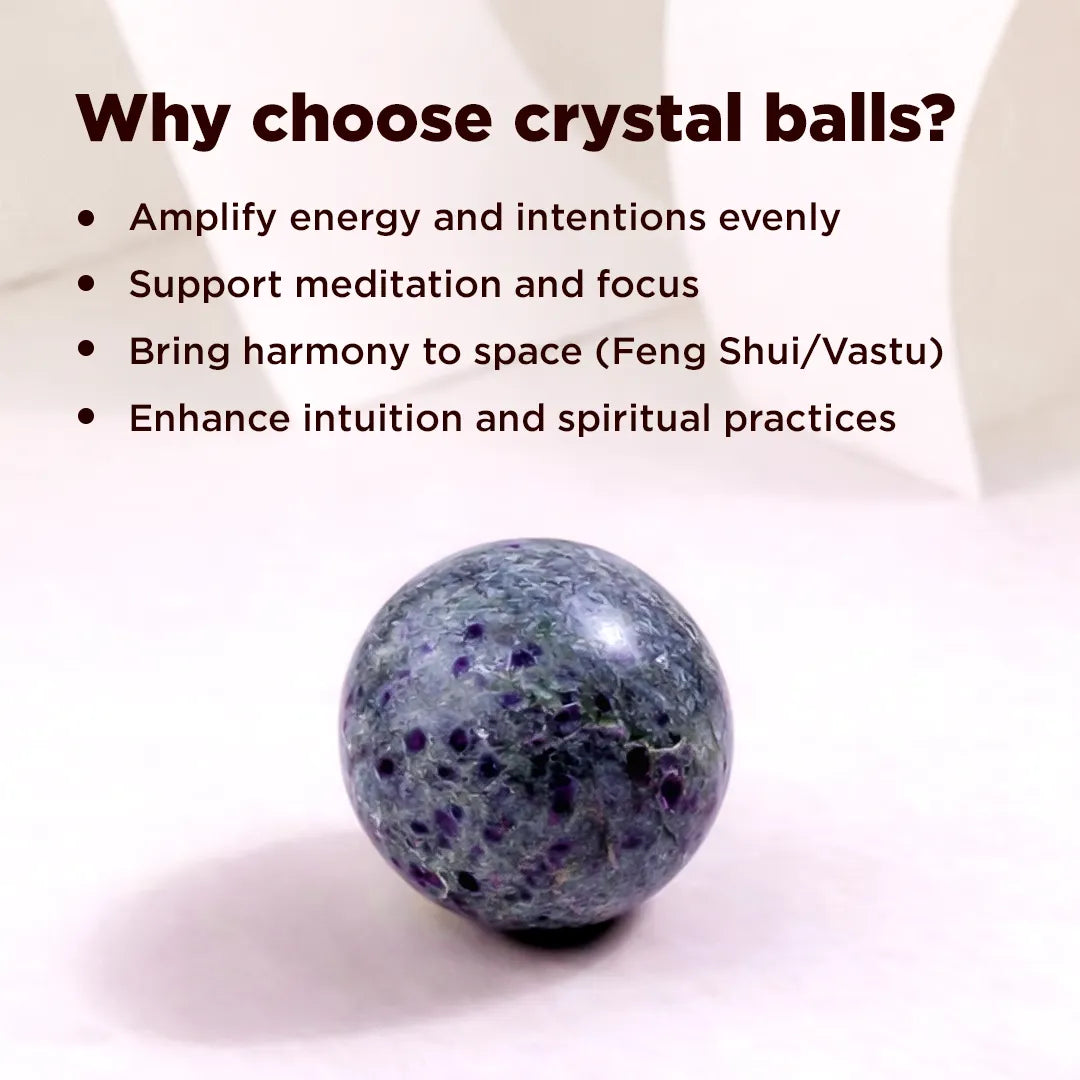 Crystal ball with text explaining benefits on a light background