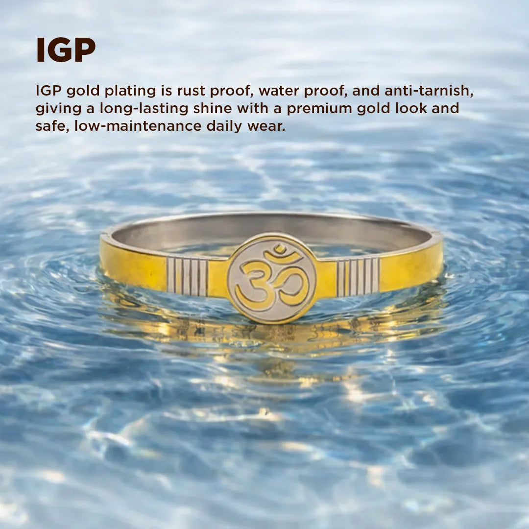 Gold and silver bracelet with Om symbol in water, IGP gold plating text above