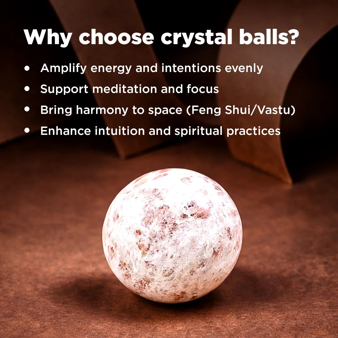 Crystal ball with text explaining benefits on a brown background
