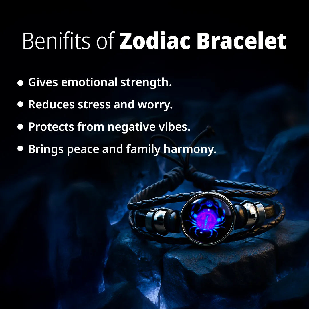 Cancer Leather Bracelet for Emotional Balance, Protection & Zodiac Energy