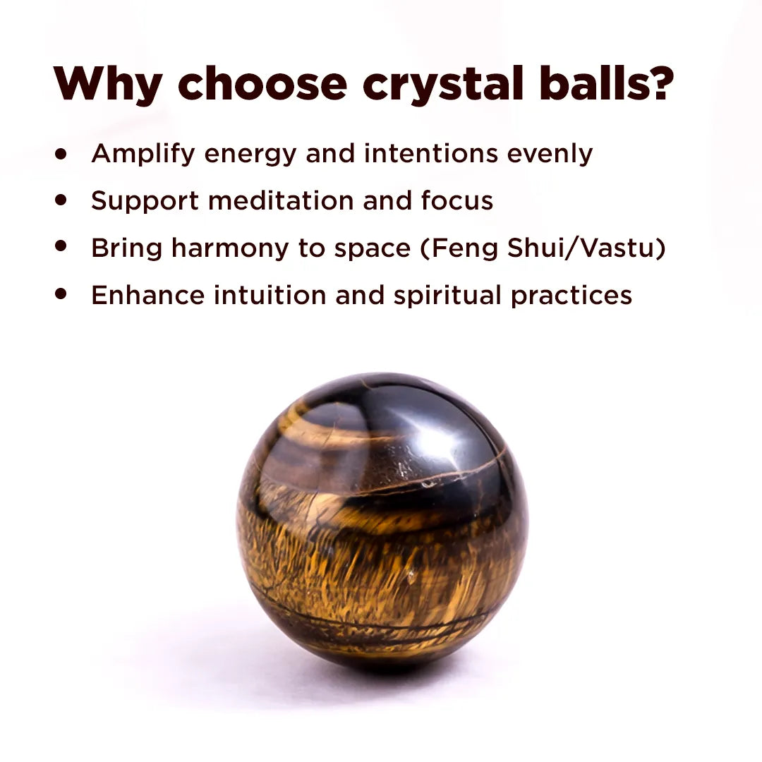 Crystal ball with text explaining benefits on a white backgroundNatural Tiger Eye Crystal Ball – Abhimantrit & Certified