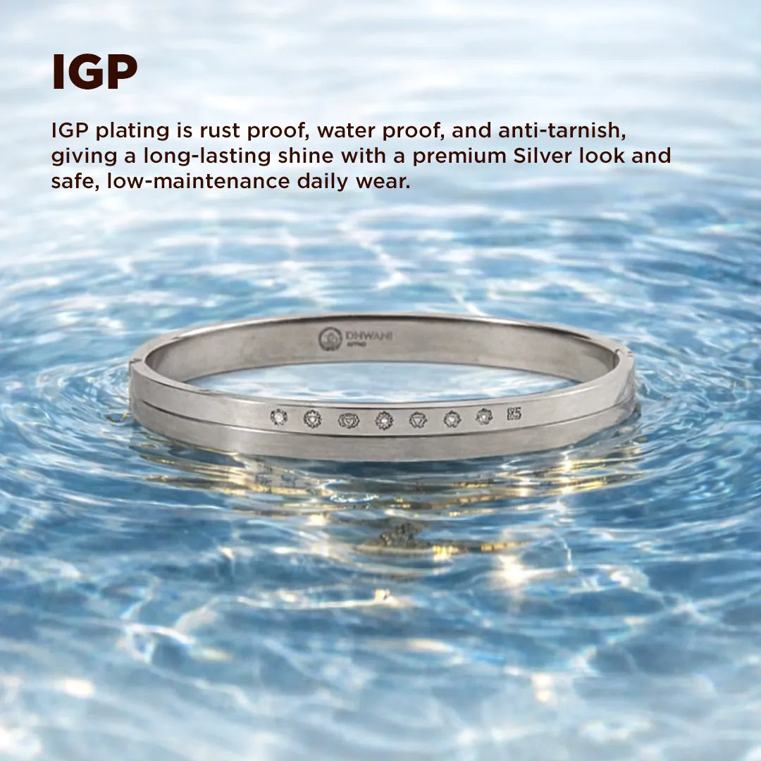 Silver bracelet with IGP plating in water, text about IGP properties.
